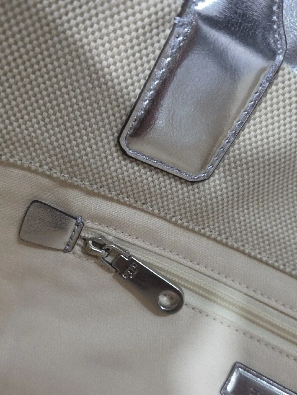 Tory Burch Cream Canvas Tote with Silver Logo and Trim
